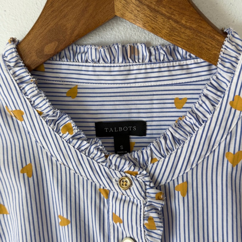 Talbots Button Up Blouse S Blue White Striped Gold Heart 100% Cotton Ruffle - Picture 6 of 11